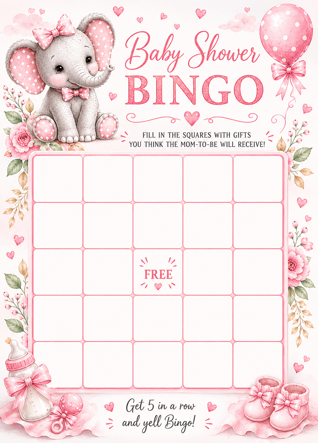 Baby Elephant Baby Shower Bingo Game | Pink Elelphant Themed Baby Shower Game