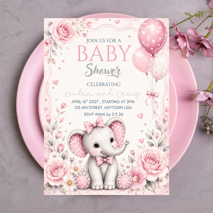Pink Elephant Baby Shower Invitation - Floral Invitation for Girls