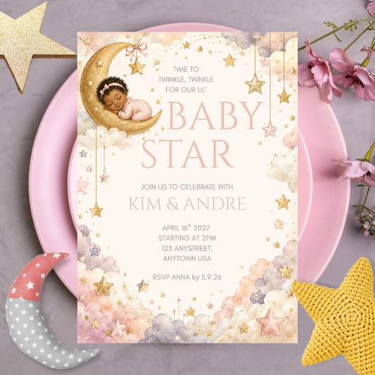 Personalized Twinkle Twinkle Little Star Baby Shower Invitations – 5x7 Moon & Stars Baby Shower Invitations Printed in USA