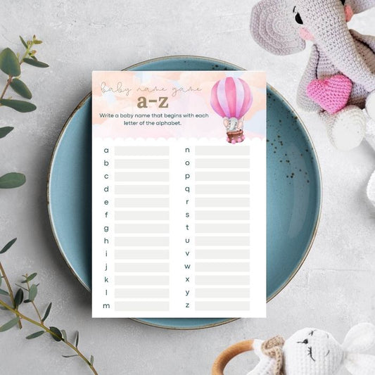 Pink Balloon Adventures Baby Names A-Z Game – 5x7 Printed Baby Shower Name Race Cards