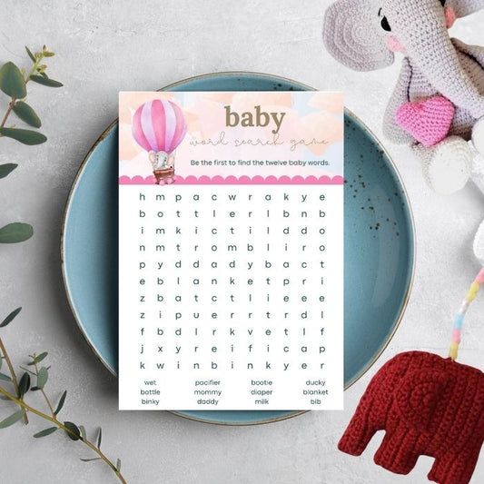 Pink Balloon Adventures Baby Shower Word Search Game – 5x7 Printed Baby Shower Activity Cards