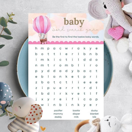 Pink Balloon Baby Shower Word Search Game