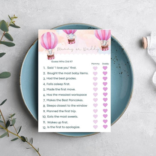 Pink Balloon Adventures Mommy or Daddy Game – 5x7 Printed Baby Shower Guessing Game