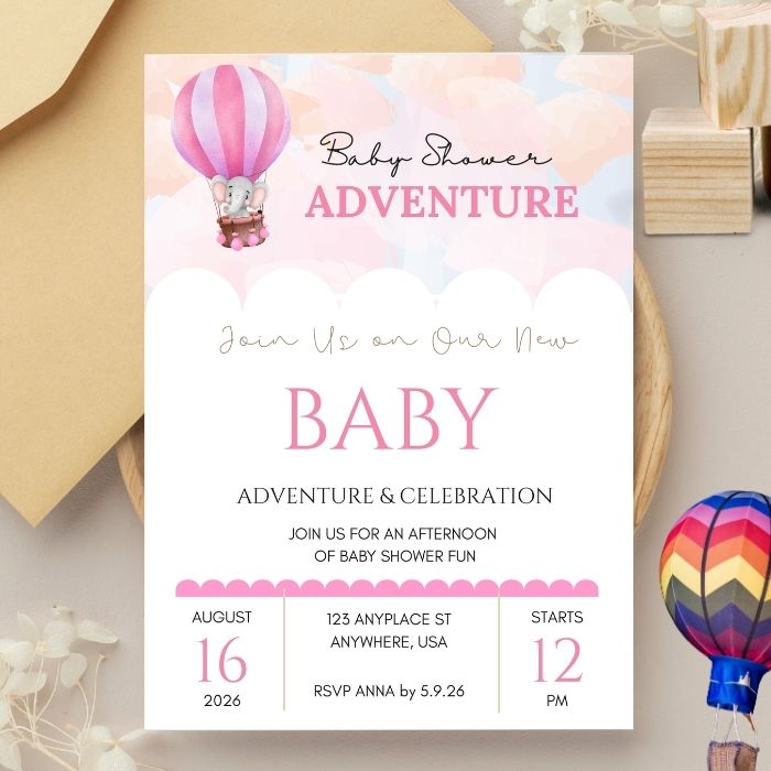 Pink Balloon Adventures Baby Shower Invitation – 5x7 Printed Elephant Hot Air Balloon Invite