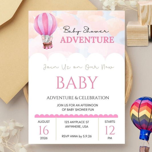 Pink Balloon Adventures Baby Shower Invitation – 5x7 Printed Elephant Hot Air Balloon Invite