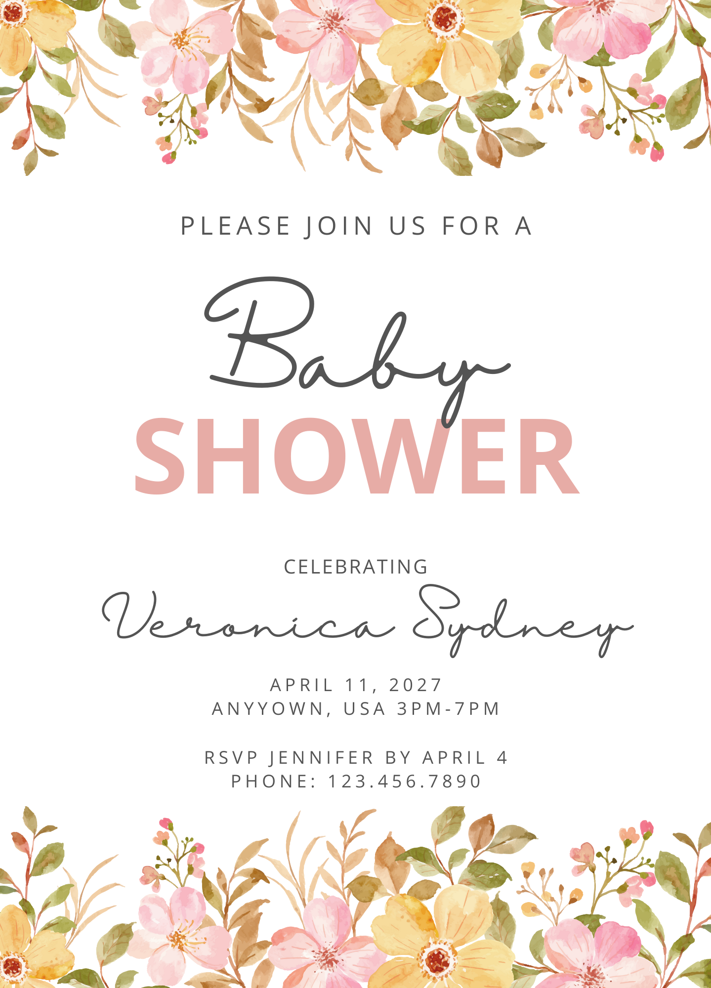 Pink Wildflower Baby Shower Invitations – Personalized Floral Baby Shower Invite (Printed 5x7 Cardstock)