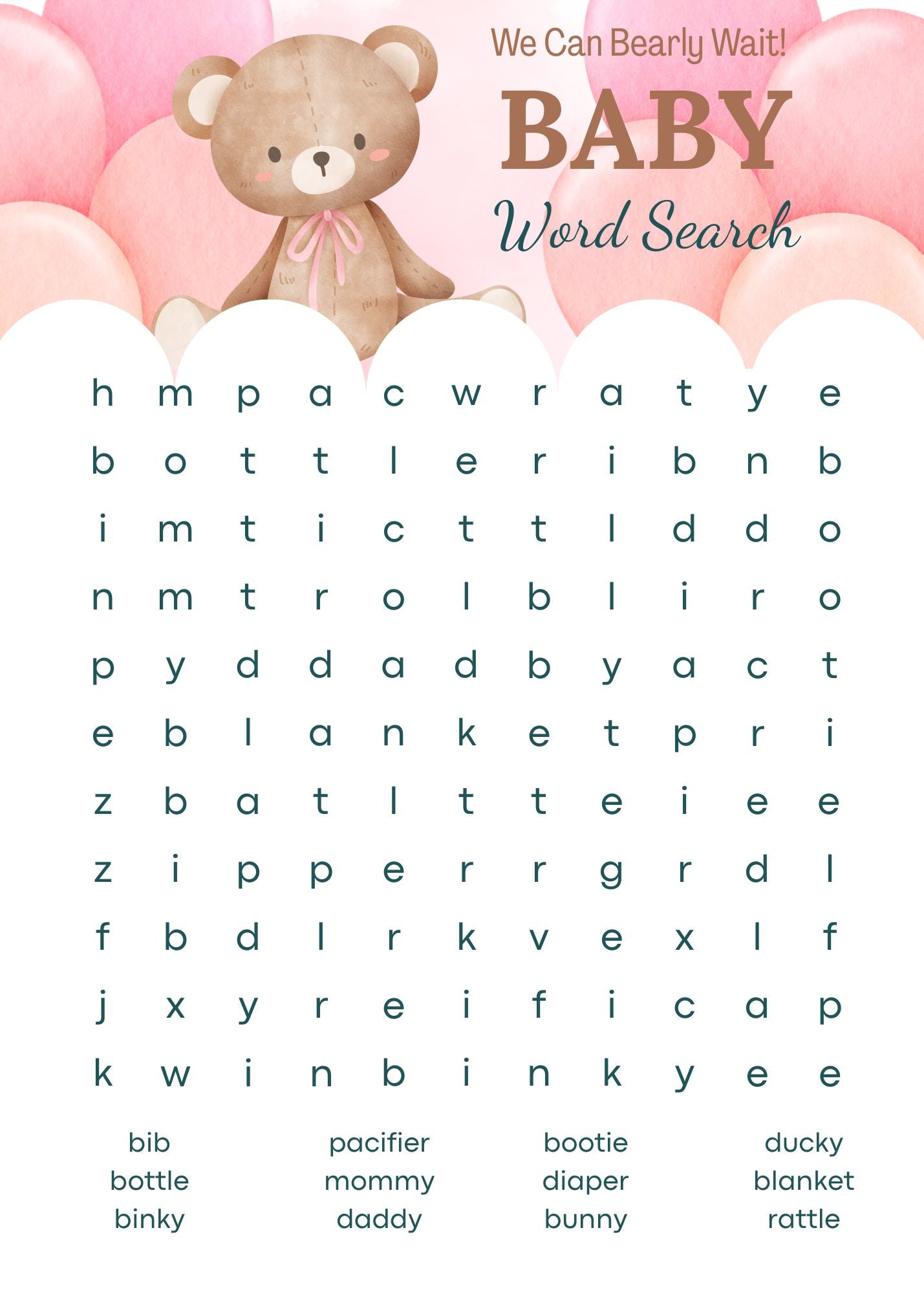 pink bear baby shower word search game