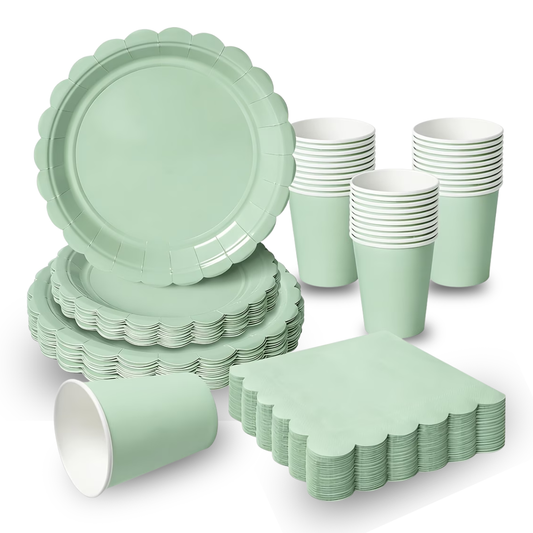 100-Piece Scalloped Baby Shower Tableware Set – Party Plates, Cups & Napkins for 24 Guests in Sage Green