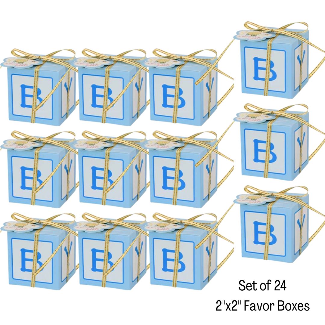 Set of 12 baby-themed favor boxes with 'B' and 'Y' letters, tied with twine on a white background.