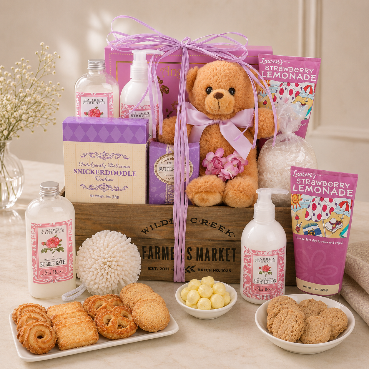 styled scene of a gift basket in a crate-style box with spa gifts teddy bear and cookies with purple accents