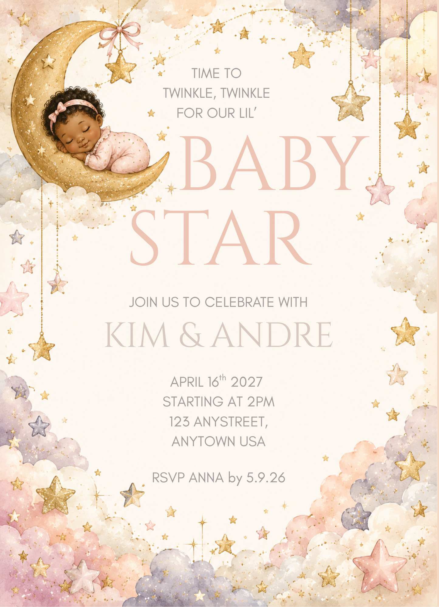 Personalized Twinkle Twinkle Little Star Baby Shower Invitations – 5x7 Moon & Stars Baby Shower Invitations Printed in USA