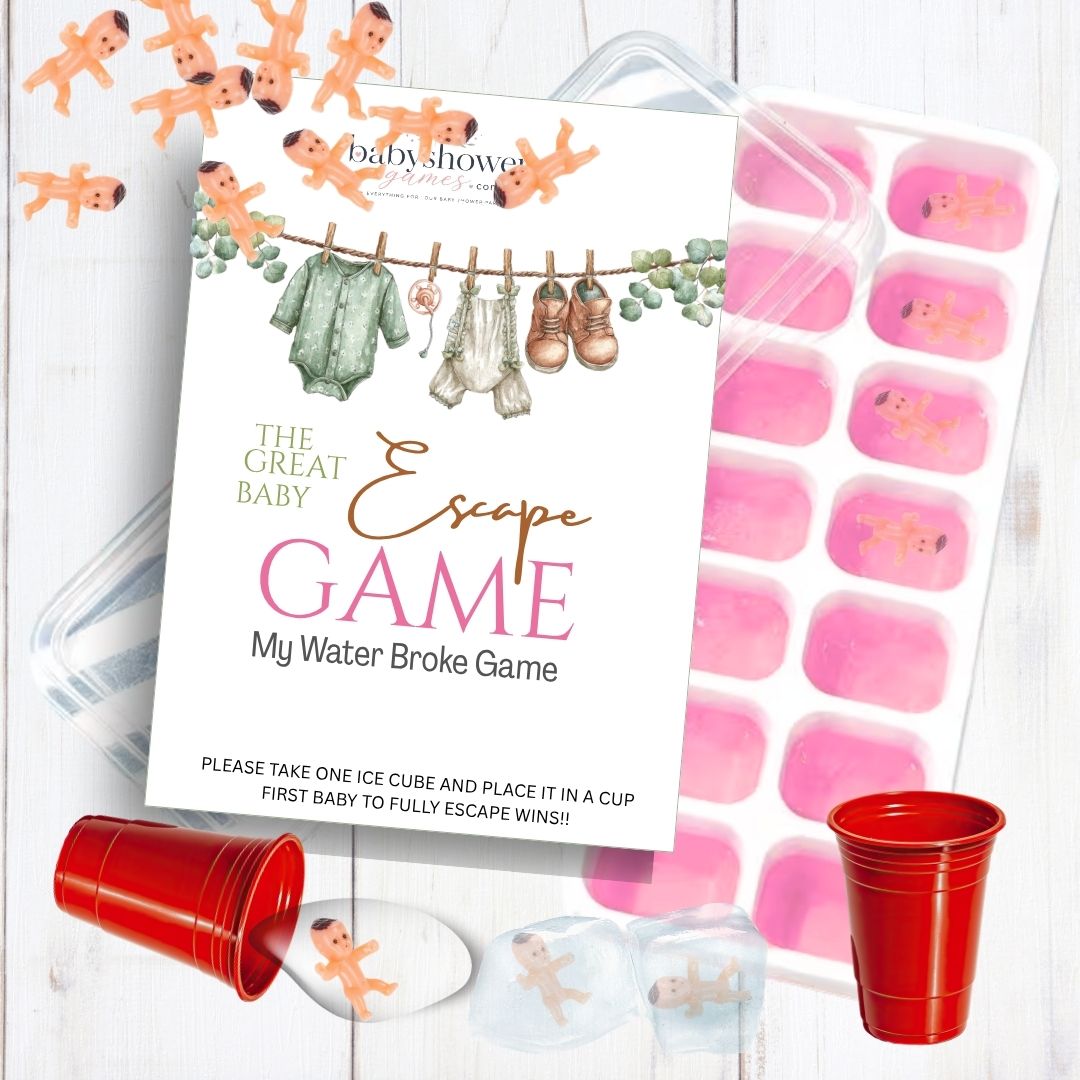 Baby shower escape room game kit with a white printed sign reading 'The Great Baby Escape Game My Water Broke Game,' pink ice cubes in a clear tray, red plastic cups, on a white wood background.