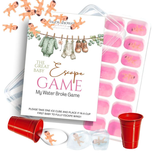 Baby shower escape game kit with a printed game card, red plastic cups, and ice cubes decorated with baby figurines, arranged on a white background.