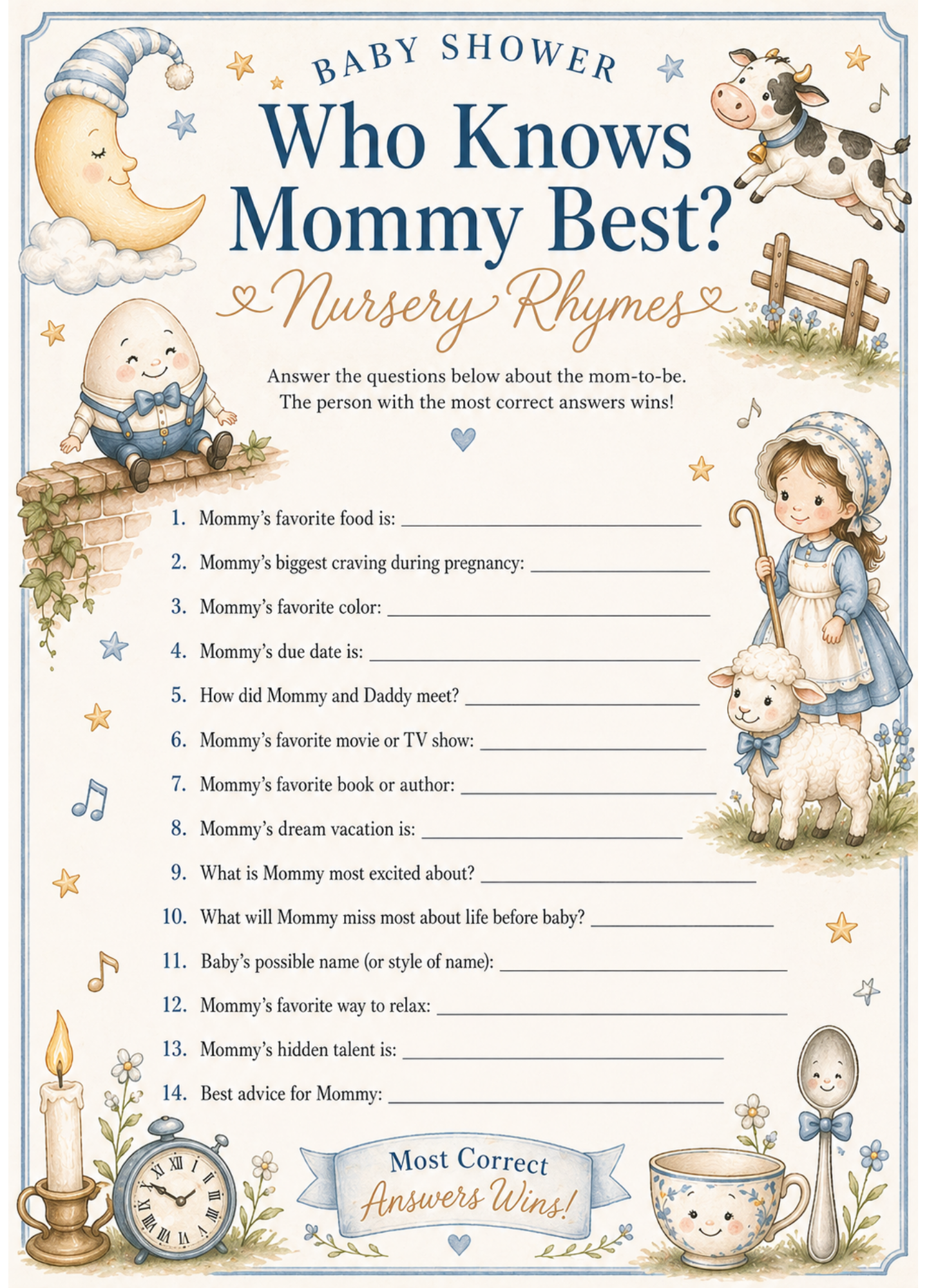 Nursery Rhymes Baby Shower Game Bundle - Set of 5 Games