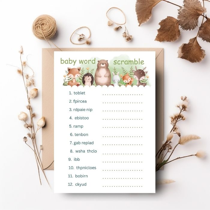 Woodland Baby Shower Word Scramble Game – Printed 5x7 Baby Shower Game Cards