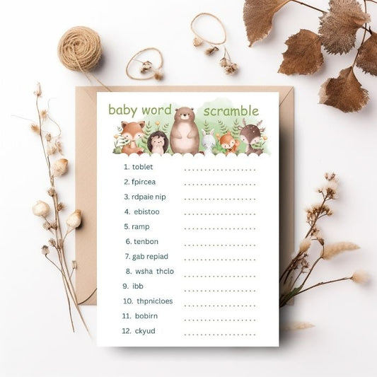 Woodland Baby Shower Word Scramble Game – Printed 5x7 Baby Shower Game Cards