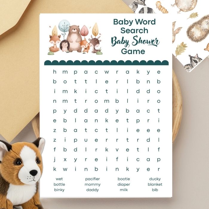 Woodland Downloadable Baby Shower Word Search Game – Printable Baby Shower Game, Baby Word Search Activity Card, Instant Download