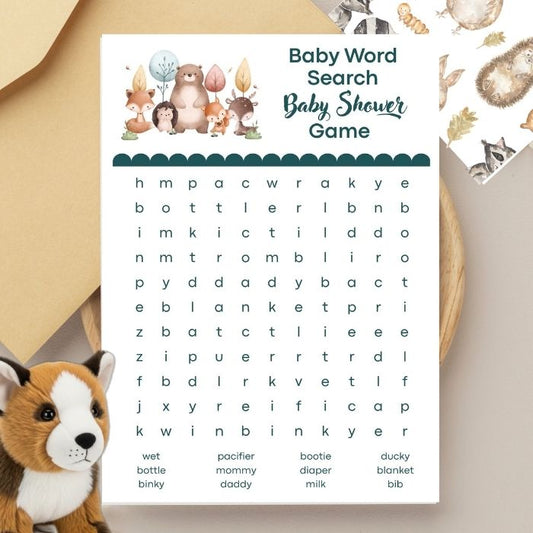 Woodland Downloadable Baby Shower Word Search Game – Printable Baby Shower Game, Baby Word Search Activity Card, Instant Download