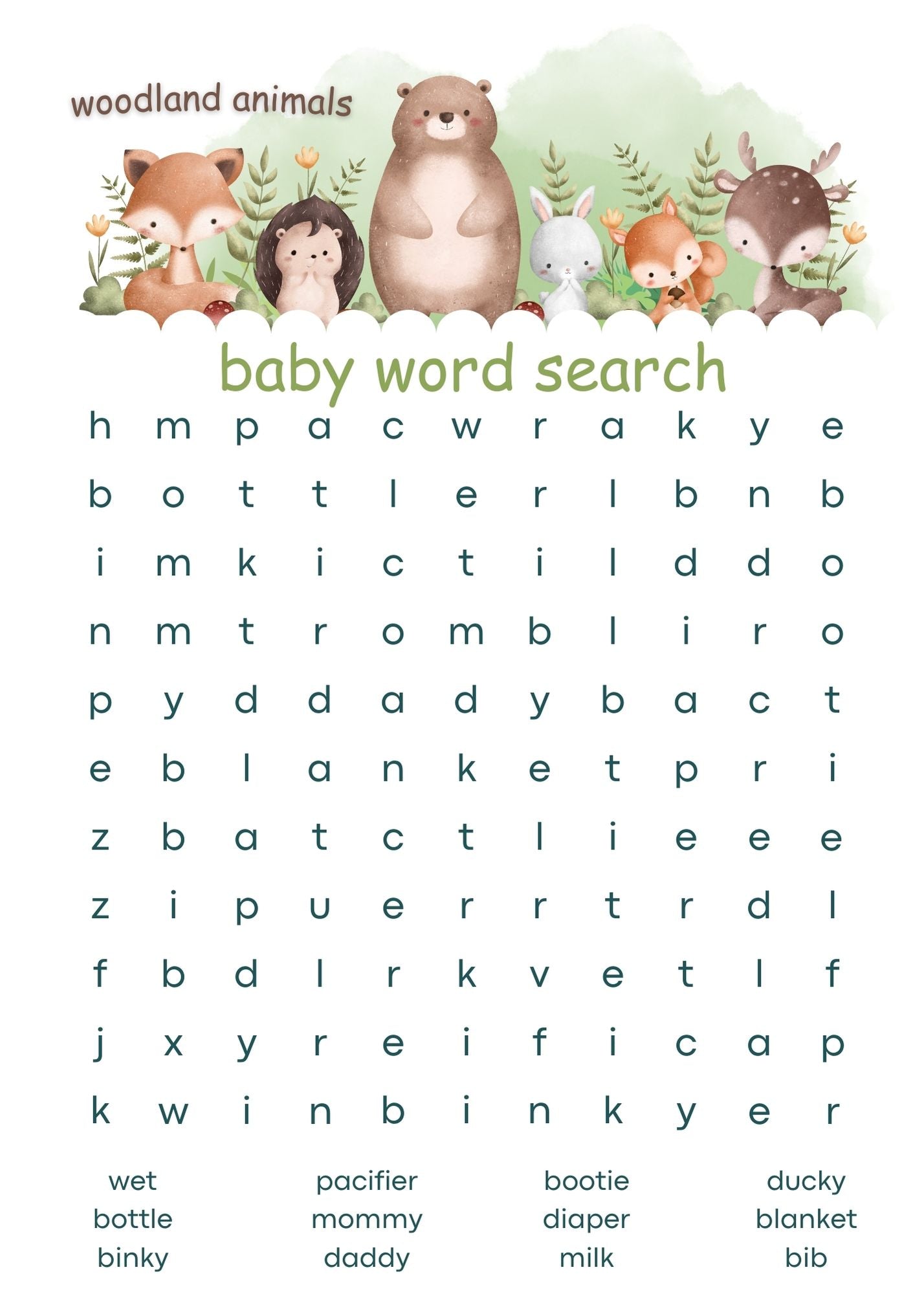 Woodland Baby Shower Word Search Game