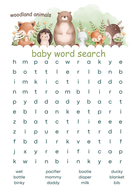 Woodland Baby Shower Word Search Game