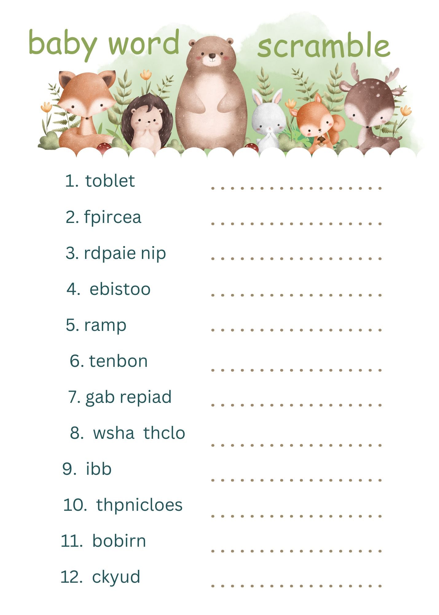 Woodland Baby Shower Word Scramble Game – Printed 5x7 Baby Shower Game Cards