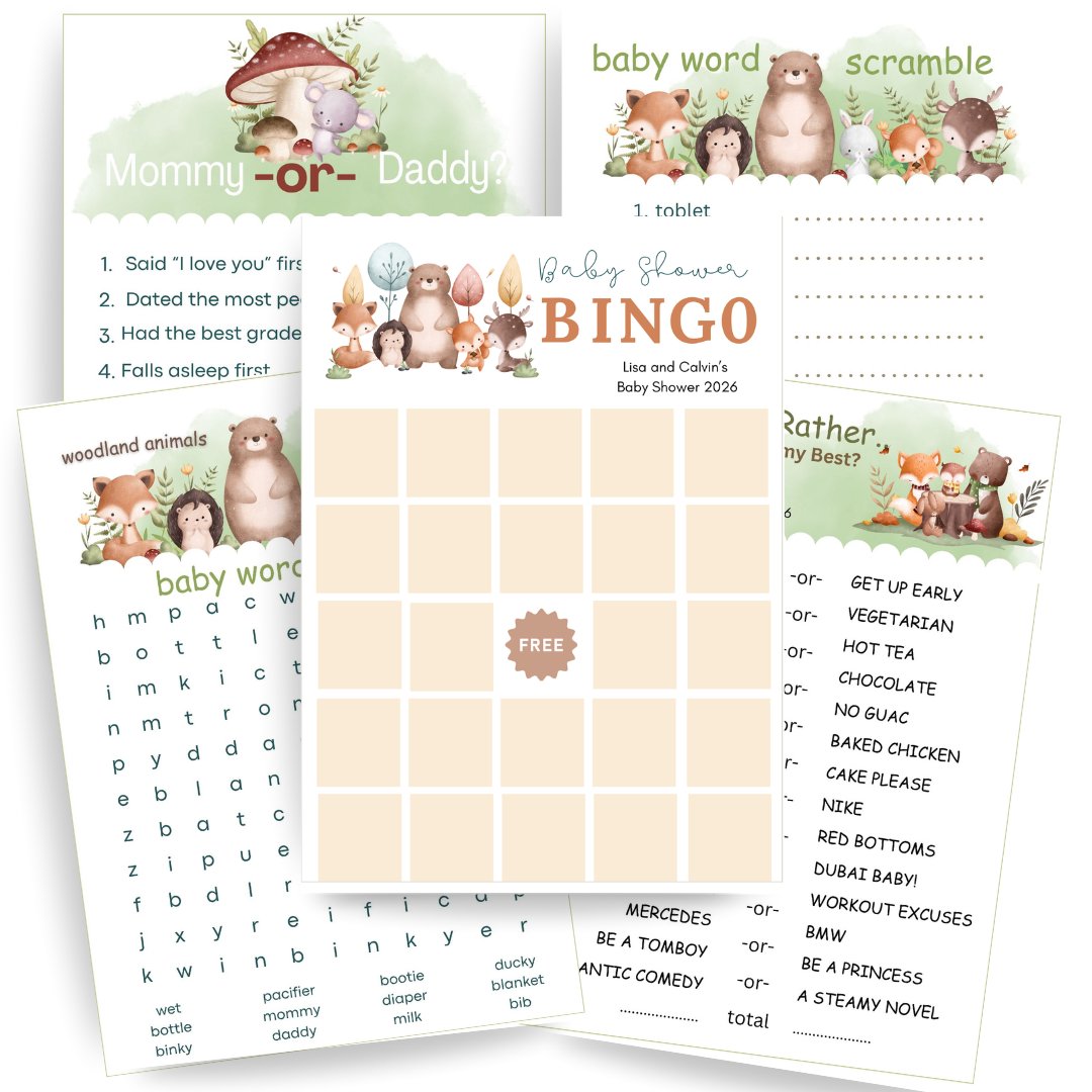 Woodland Baby Shower Game Bundle – 5 Pre-Printed Baby Shower Games (5x7 Cards)