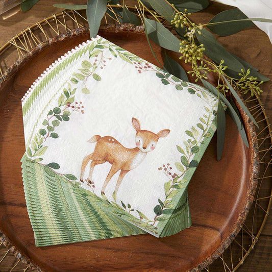 Woodland Baby Shower Napkins – 2 Ply Green & White Paper Napkins (Set of 30)