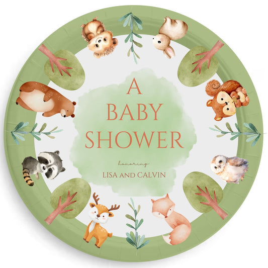 Personalized Woodland Baby Shower Party Plates 9 Inch