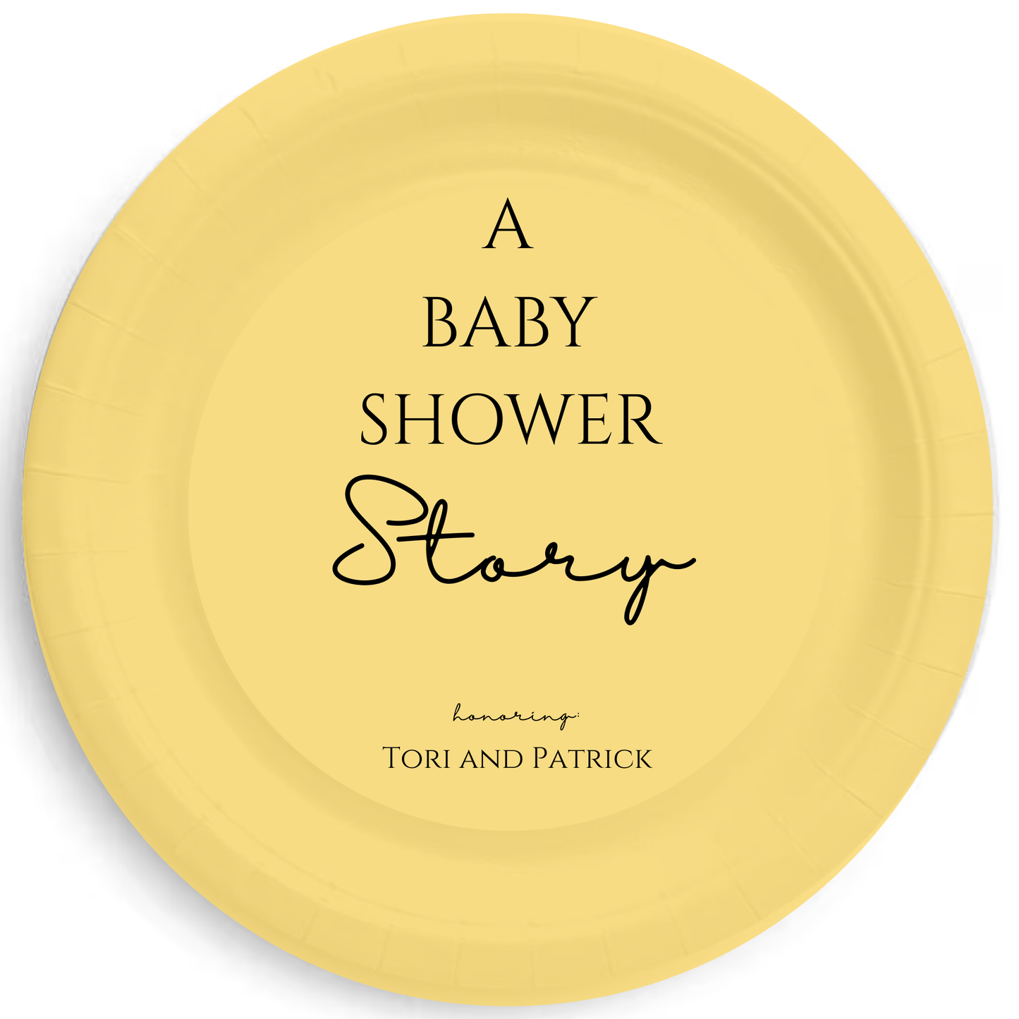 Yellow paper plate with 'A Baby Shower Story' text on a white background