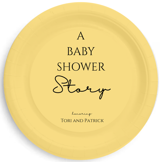 Yellow paper plate with 'A Baby Shower Story' text on a white background